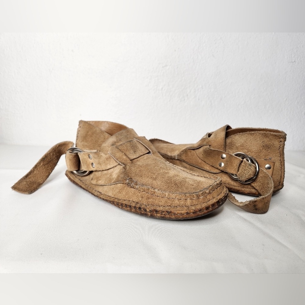 Quoddy Tan Suede Moccasin Loafers with Buckle Strap